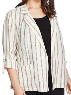 1. State Cream Open Blazer with Tan and Black Stripe Pattern